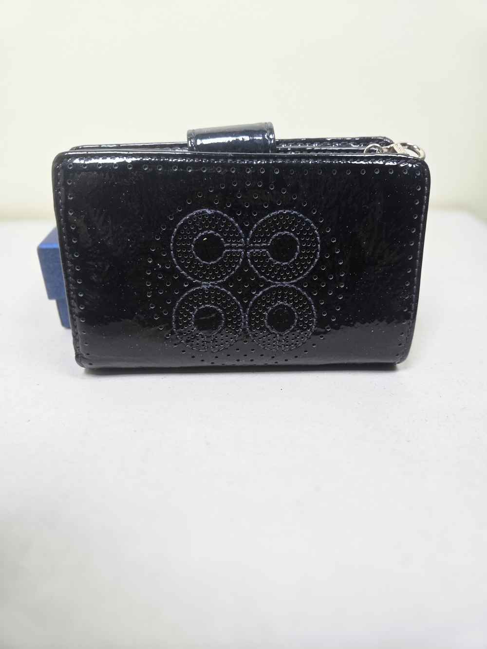 Coach Black Patent Compact Wallet with Perforated Logo